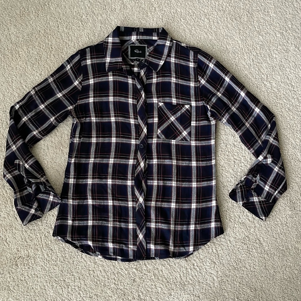 RAILS Navy Blue/Black/White Plaid Rayon Shirt Top - S